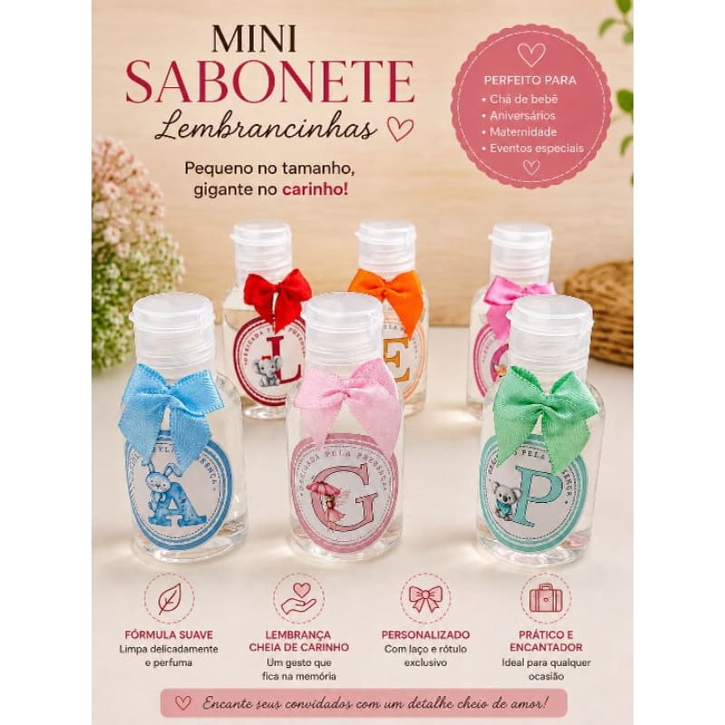 Kit Mini Sabonete líquido 30ml Personalizado com a Inicial Do Nome Para lembrancinhas de Maternidade, Chá de bebê...