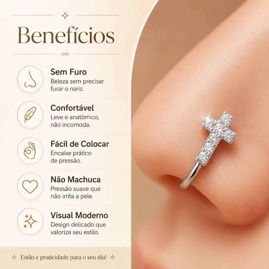 Piercing Falso Nariz Crucifixo Sem Furo Feminino Pressão