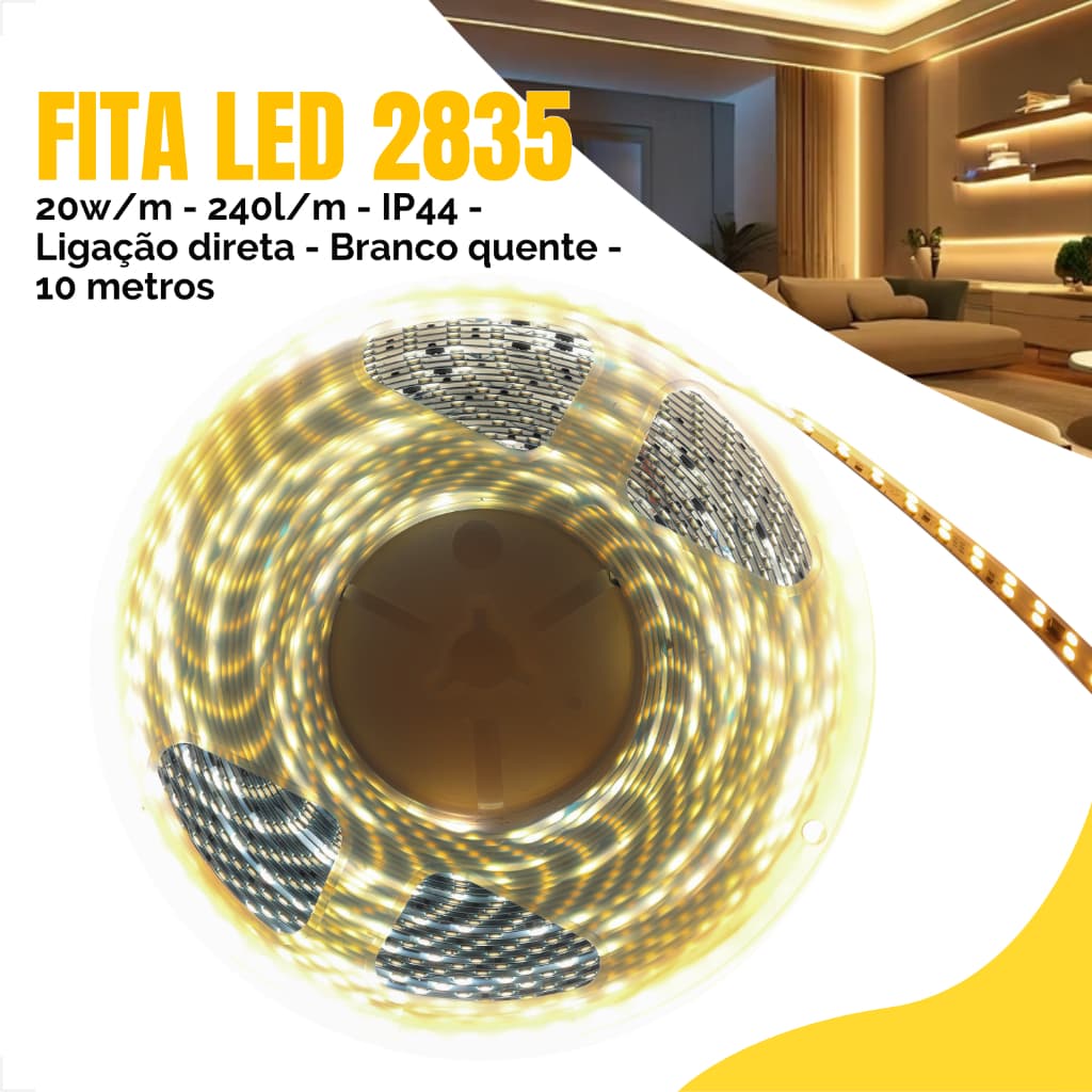 Fita Led 2835 20w 240 Leds Branco Quente 3000k 10m Ip44 127v Ligação Direta