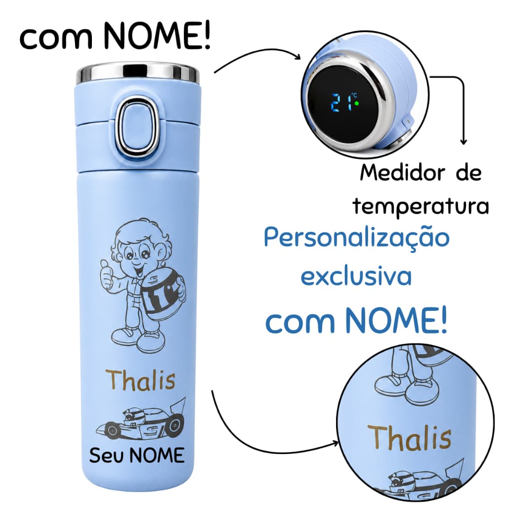 Garrafa Térmica Personalizada  Com Seu NOME INOX Trava de Segurança e Termômetro Digita Led F1 Adulto Infantil escolar