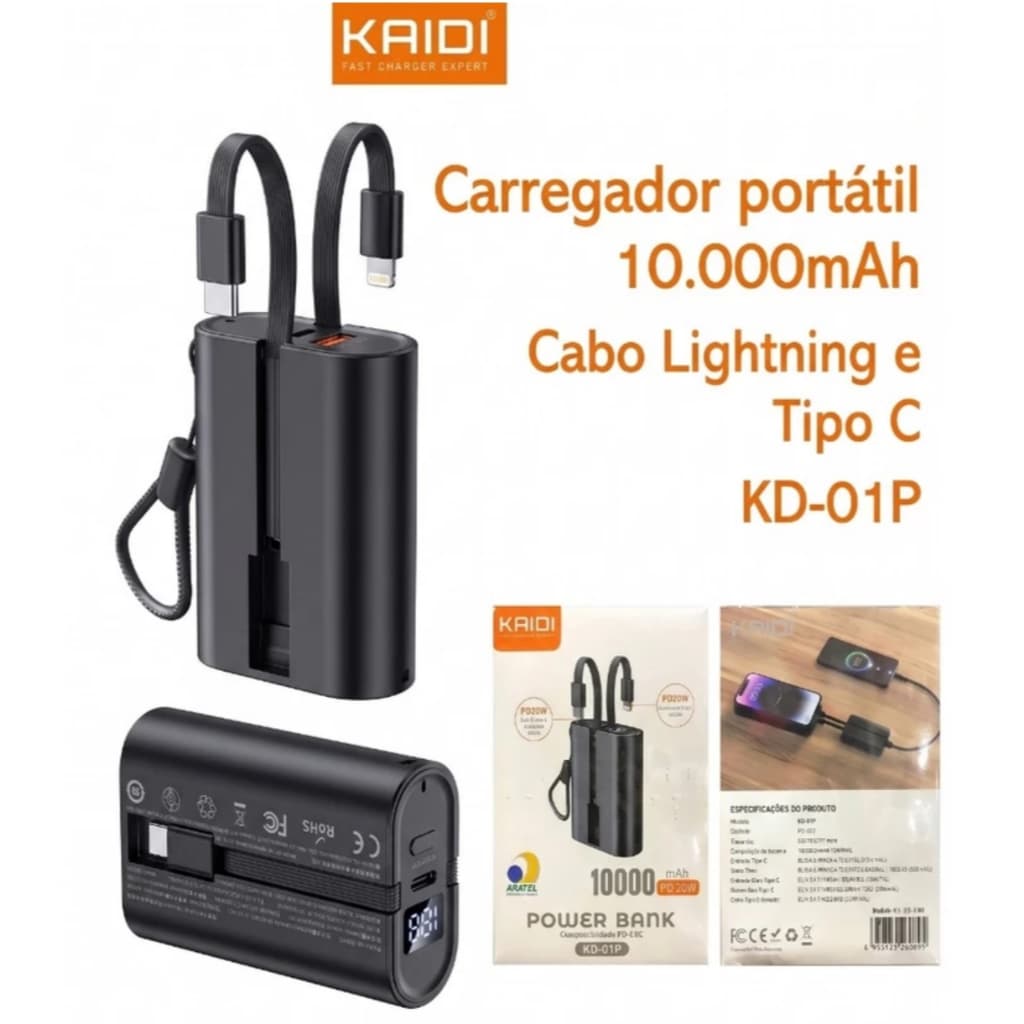 Carregador Portátil 10000mAh Kaidi Power Bank PD 20W Turbo Display LED 2 Cabos Embutidos Alta Velocidade