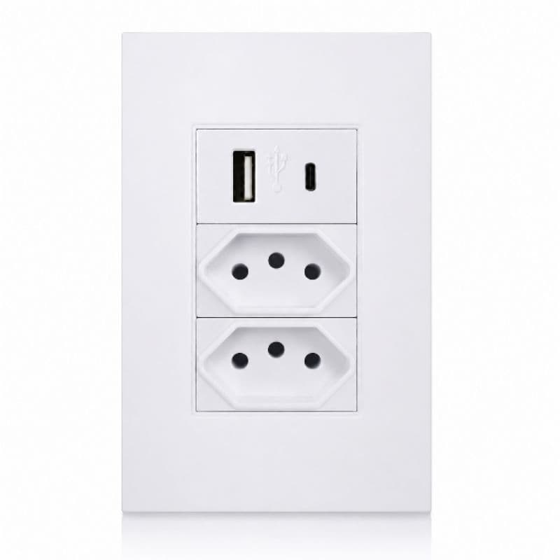 Tomada de Parede Dupla USB Tipo C 5V Bivolt com Carregamento Rápido
