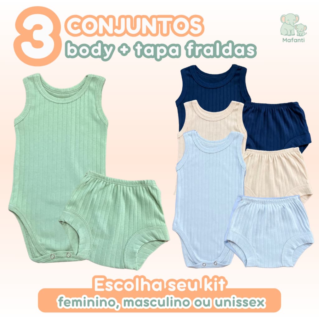 Kit 6 Peças Body Regata + Tapa Fralda Bebê 100% Algodão Canelado Comfort Cores Verão Calor Feminino Masculino Unissex
