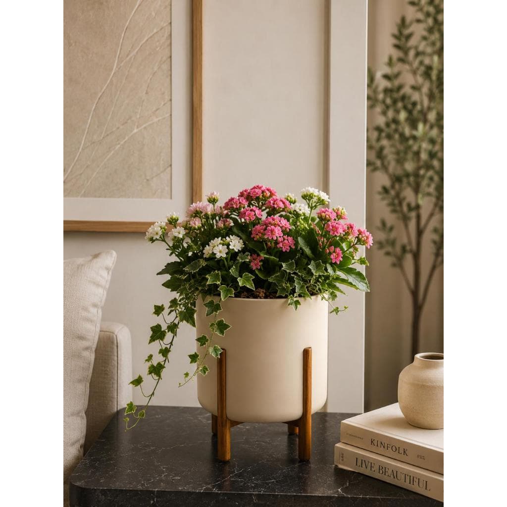 VASO DE PLANTAS NÓRDICO M POLIETILENO 37X33 COM PESINHOS DE MADEIRA MODERNO