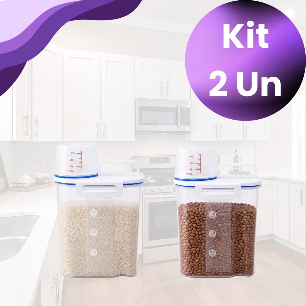 Kit 2 Potes 1,5L Dispenser Herméticos P/ Mantimentos Com Bico Dosador Grãos Cereal Arroz Cozinha Organização Cozinha