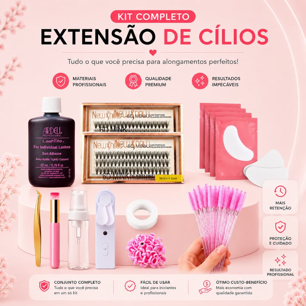 Kit Cilios New Show Postiço Extensão Cola Ardell Salon Pro Lanell Profissional Cílios Tufo Tufinho