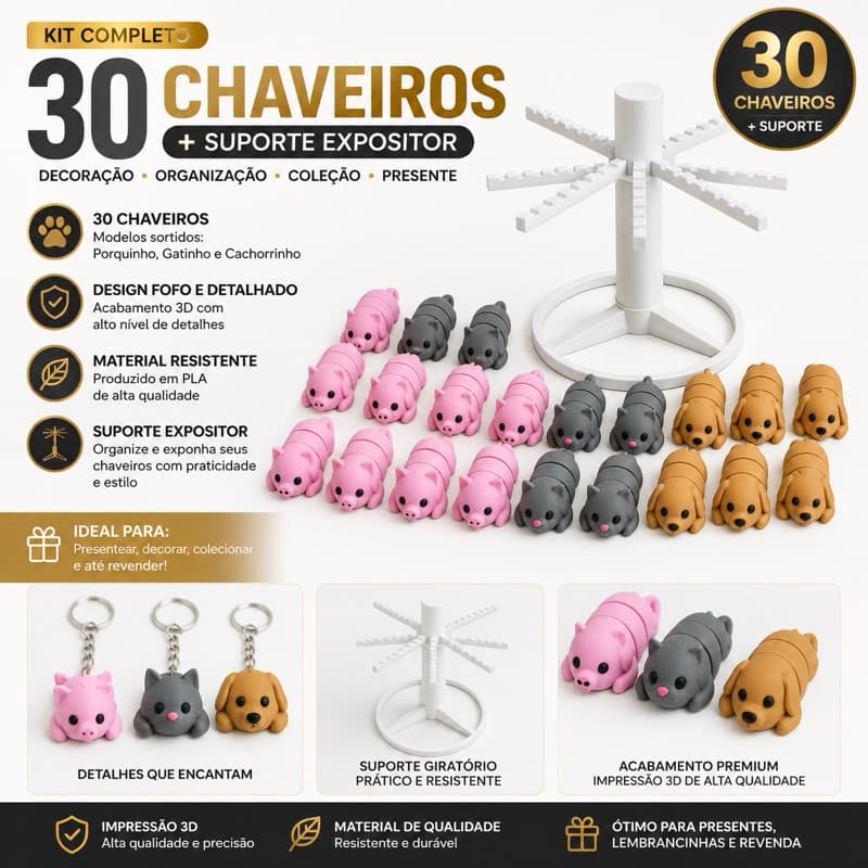 Kit 30 Chaveiros Articulados 3D + Suporte Expositor