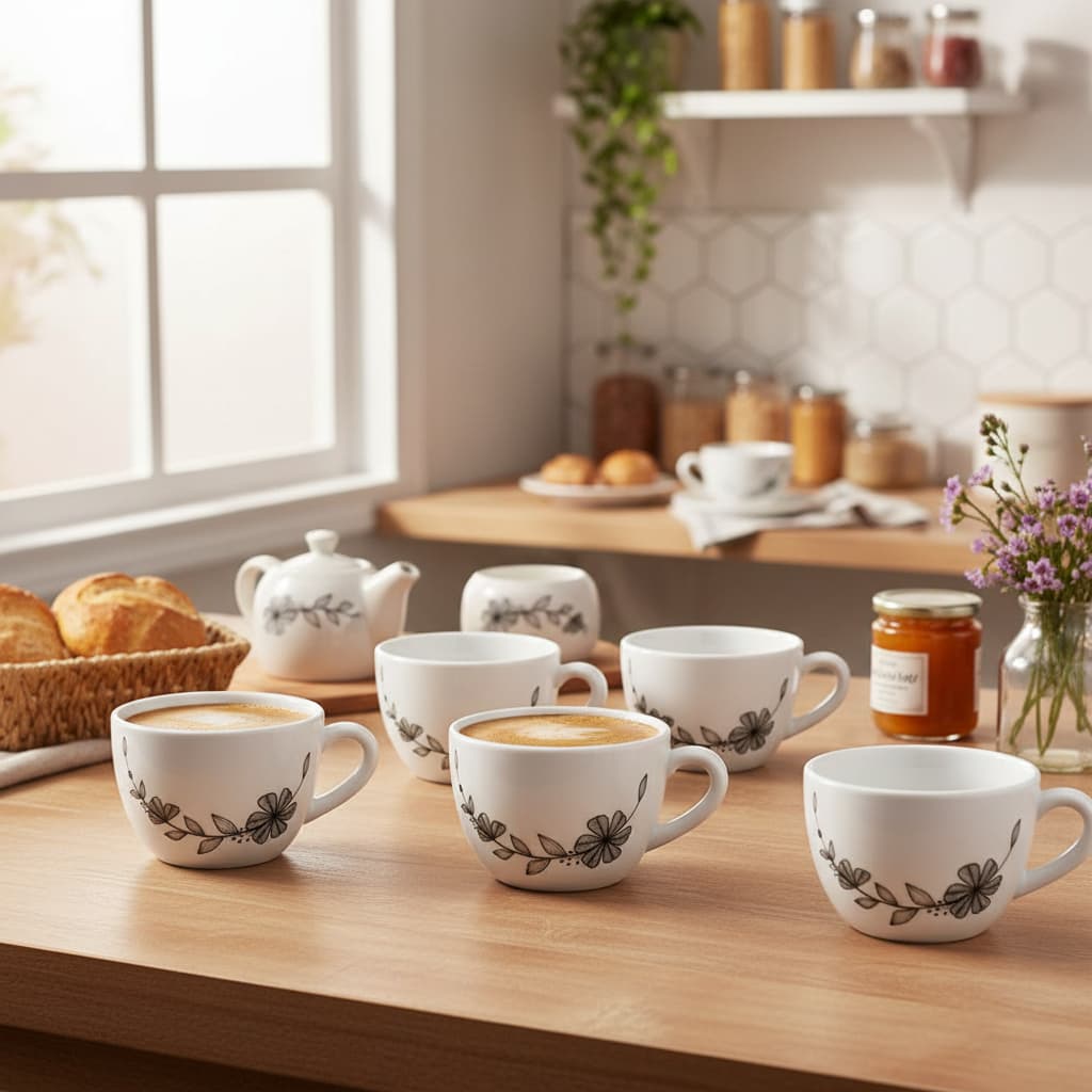 Conjunto 6 Xicaras Canecas Cafe Chá Leite  130ml Vidro Cerâmica Branca Vintage Florais Delicados