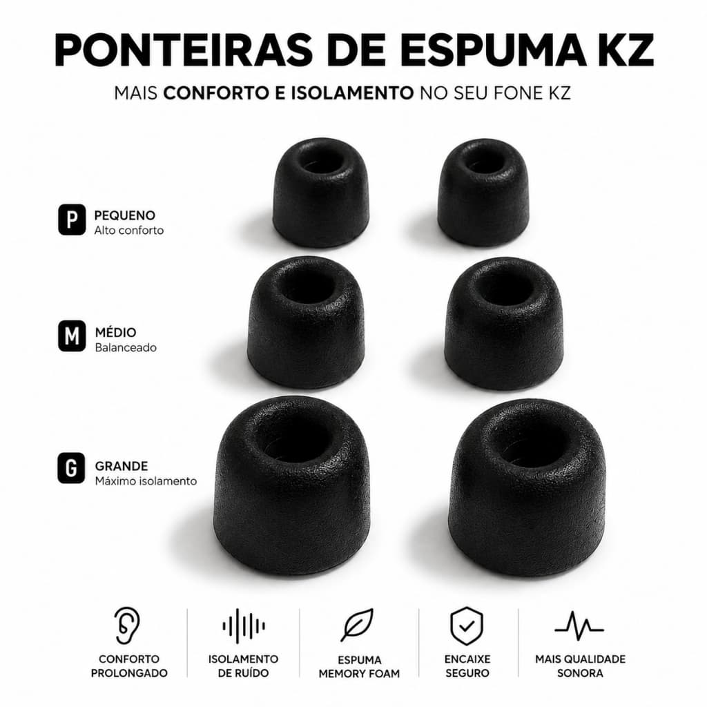 Kit 3 Pares de Ponteiras de Espuma P M G para Fone In-Ear | KZ QKZ CCA Redmi