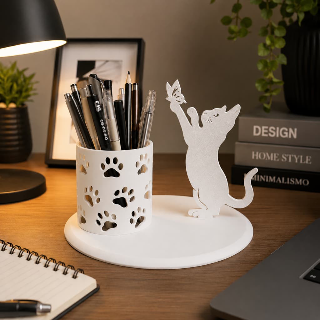 Porta Canetas Gato com Borboleta Organizador de Mesa Decorativo Minimalista Setup Gamer