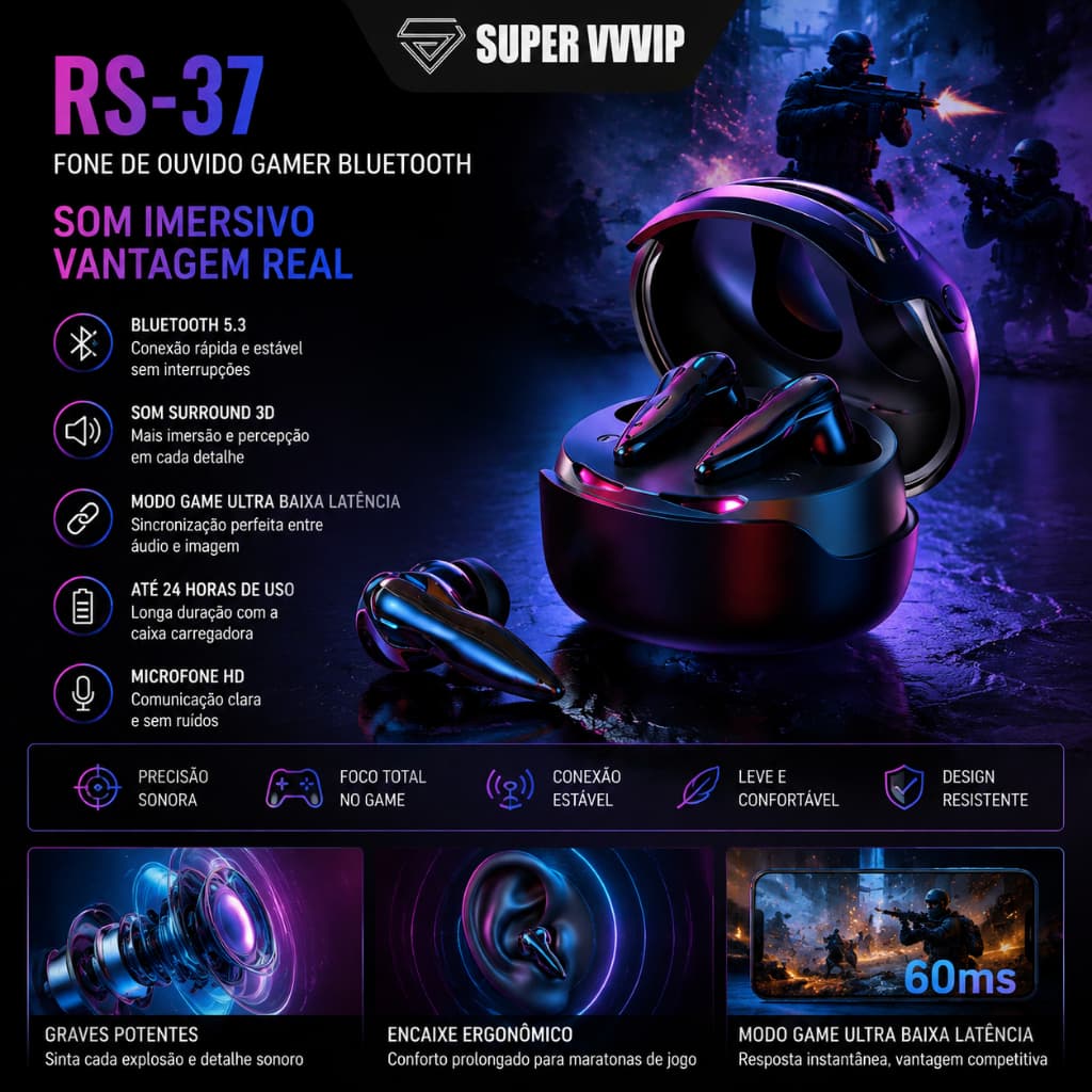 H'maston RS-37 TWS Fone de Ouvido Bluetooth 5.3 com Microfone Redução de Ruído Graves Potentes para Gamer