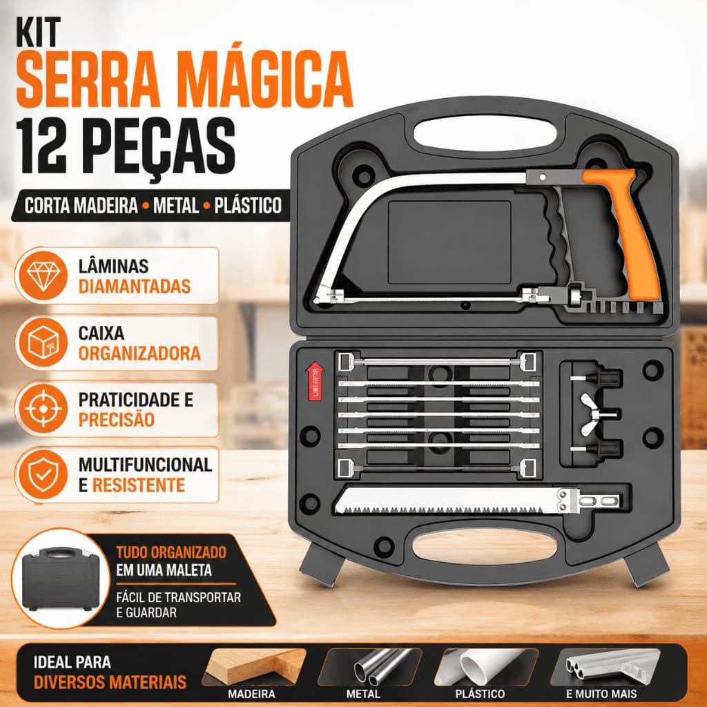 Kit 12 Serra Mágica Kit de Arco e Lâminas Tico Tico Diamantada e Serrote Multifuncional Corta Madeira Metal