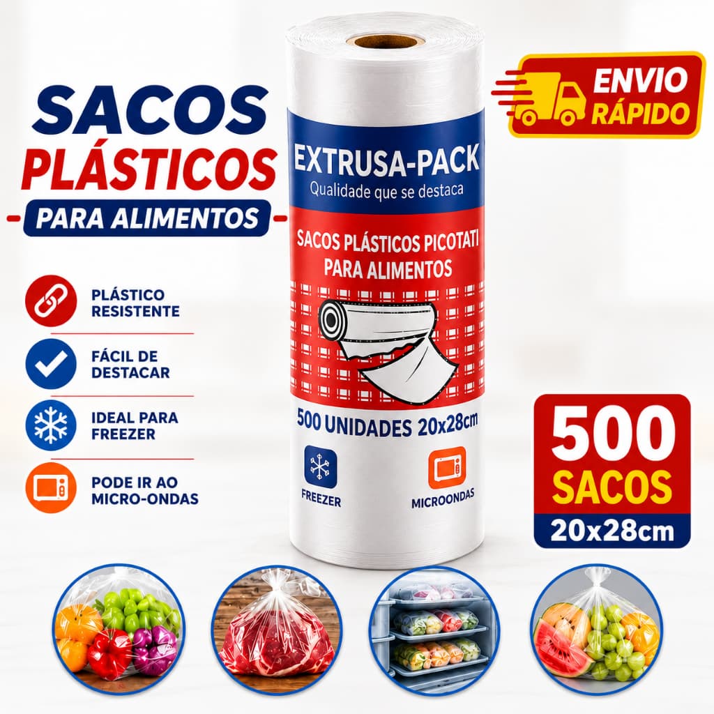 Saco Plástico para Alimento 20x28 500 Sacos Picotados Rolo Descartável Cozinha Freezer Micro-ondas