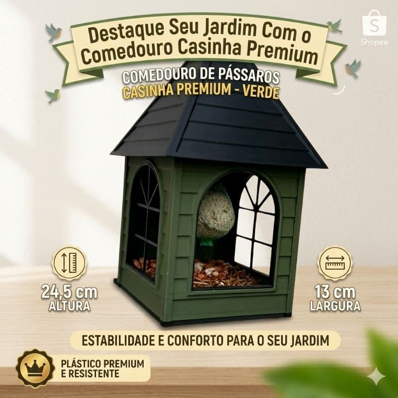 Comedouro De Pássaros Quadrado Casinha Verde
