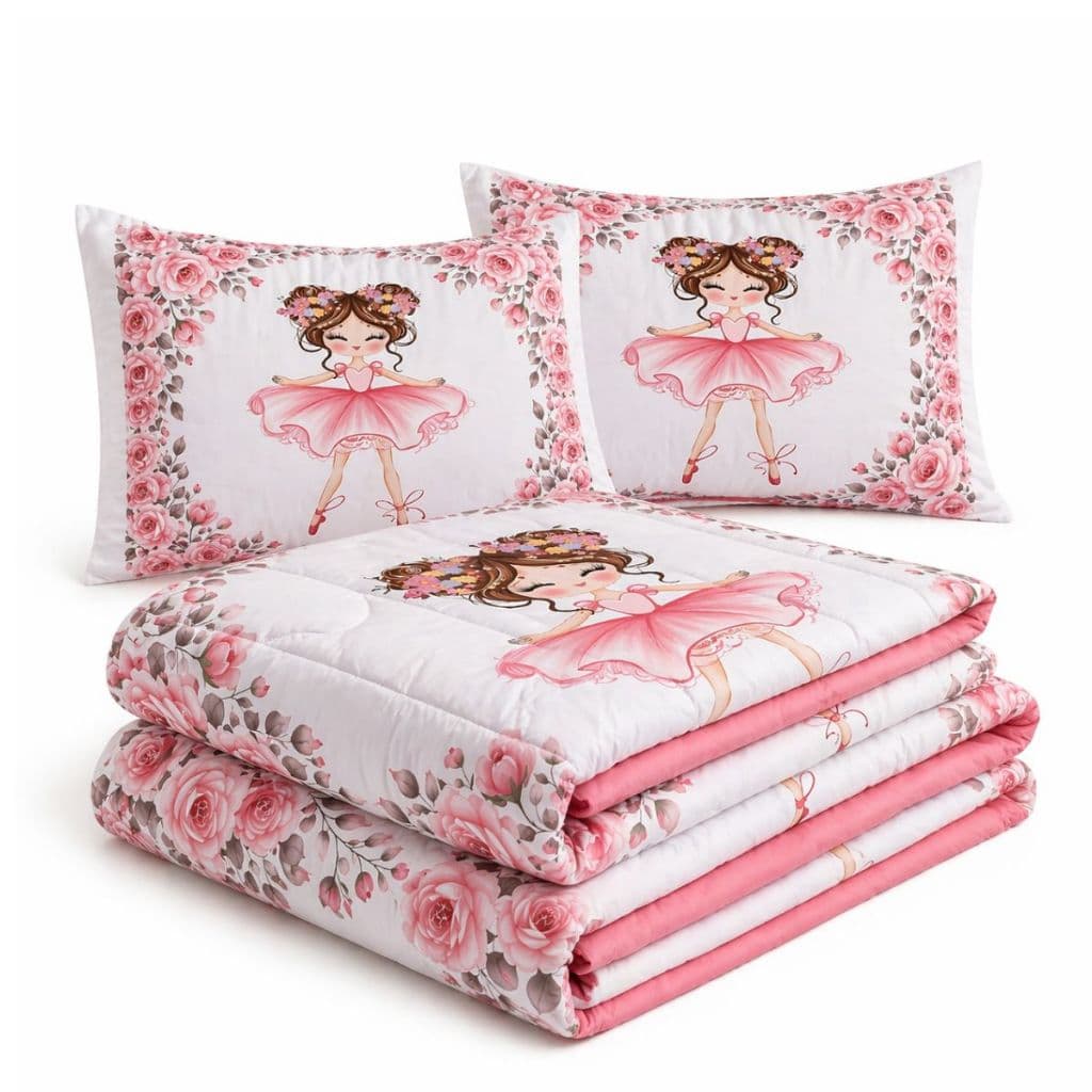 Edredom Infantil Bailarina Rosa Solteiro Kit 3 Peças com Fronha Estampa Floral Macio para Menina