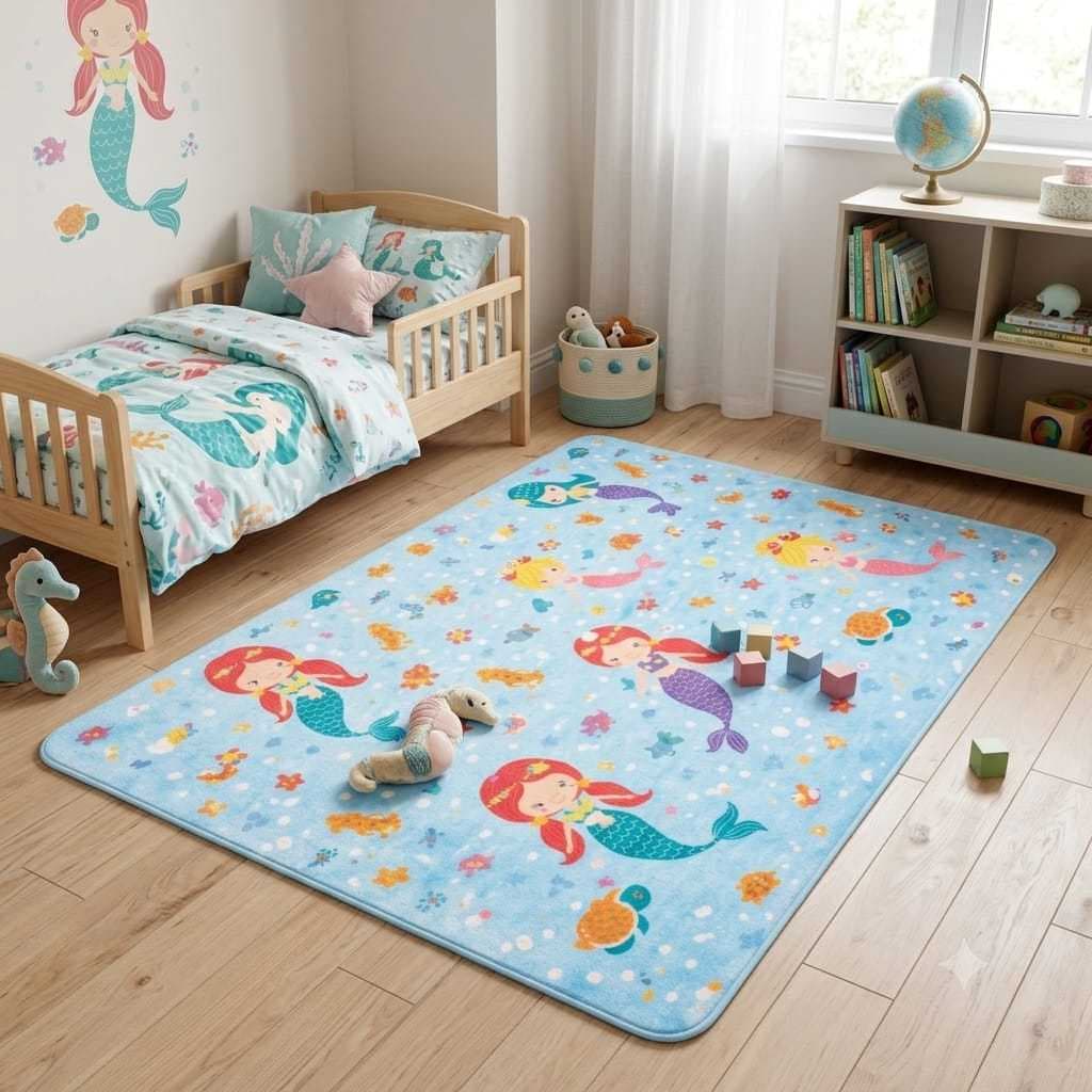 TAPETE INFANTIL EMBORRACHADO SEREIA 1,00X1,30M MACIO ANTIDERRAPANTE QUARTO MENINA DECORAÇÃO BEBÊ