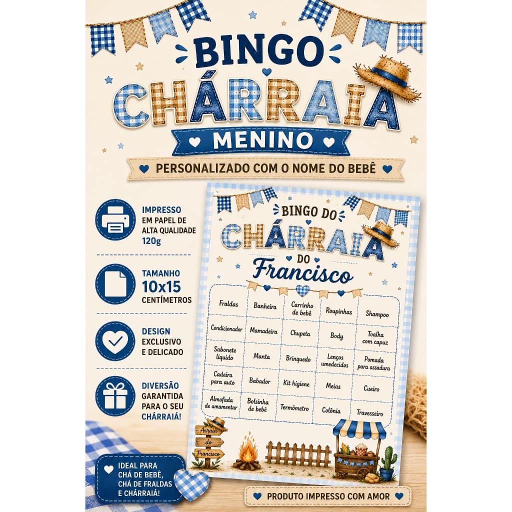 Cartela Bingo Chá de Bebê Junino Menino Personalizado | Festa Junina | Chá Arraia Menino