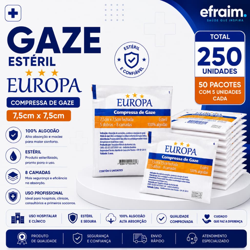 Kit 50 Pacotes de Gaze Estéril - Total de 250 Unidades Para Curativo