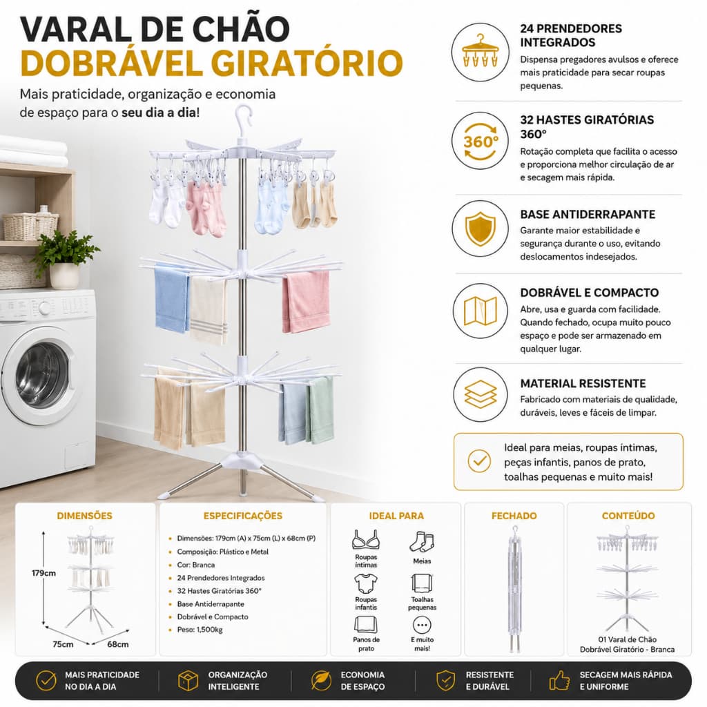 Varal Dobrável Giratório Compacto Facil Transporte Secagem Rápida Resistente Branco