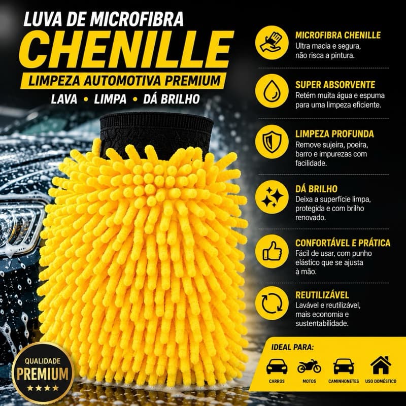 Luva Microfibra Automotiva Chenille Lava Carro Moto Limpeza Não Risca Super Absorvente Dá Brilho Premium