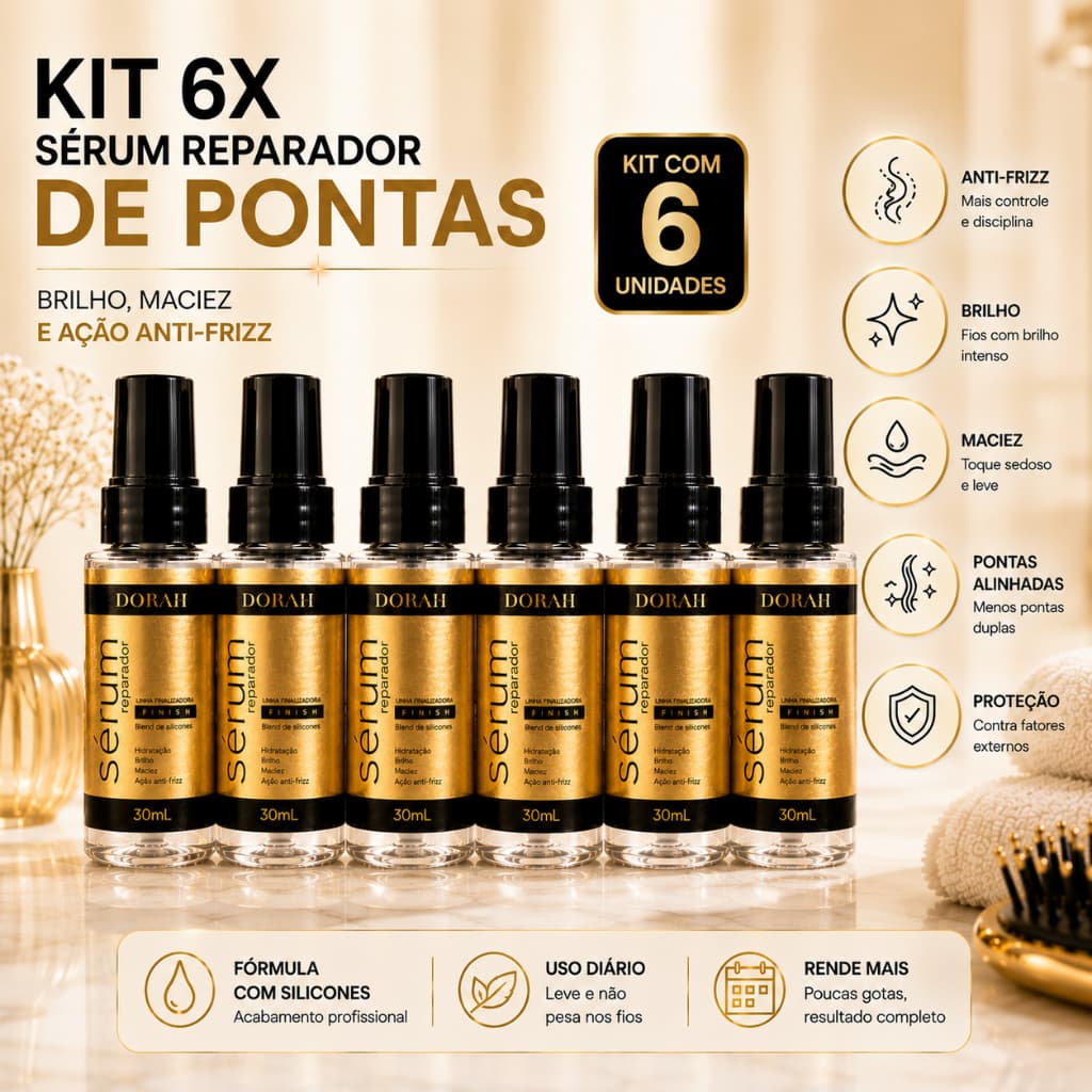 Kit 6x Sérum Reparador de Pontas 30ml Dorah Beauty Anti-Frizz Brilho Maciez