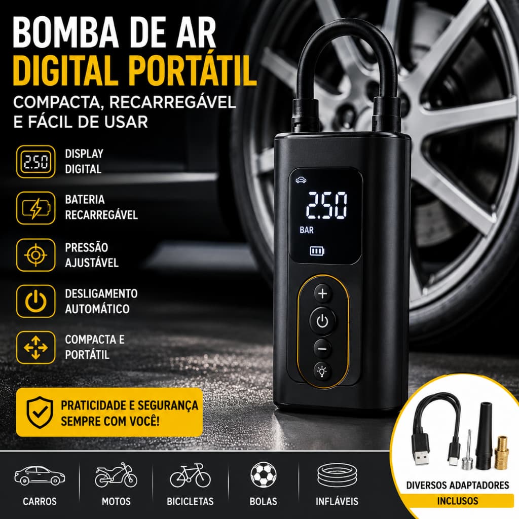 Compressor de Ar Digital Portátil Recarregável Inflador de Pneus Carro Moto Bicicleta Bolas Display LCD