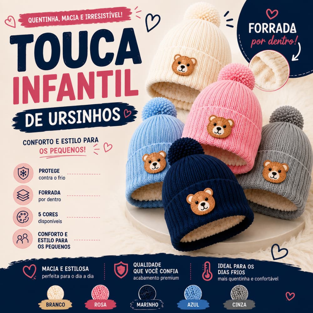 Touca Infantil para o Frio Menina e Menino de Ursinho com Pompom de Lã Forrada