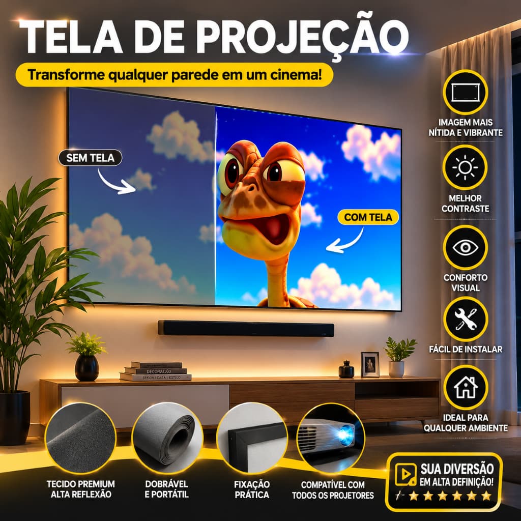 Tecido Dry Fit para Tela de Projeção Portátil Ultra HD 1m x 1,85m Premium Anti Amassado Lavável