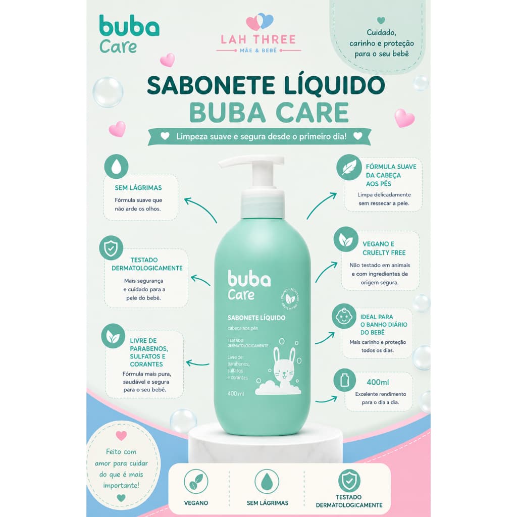 Sabonete Líquido Infantil Buba 400ml - Limpeza Suave para o Dia a Dia do Bebê e Sem Lagrimas