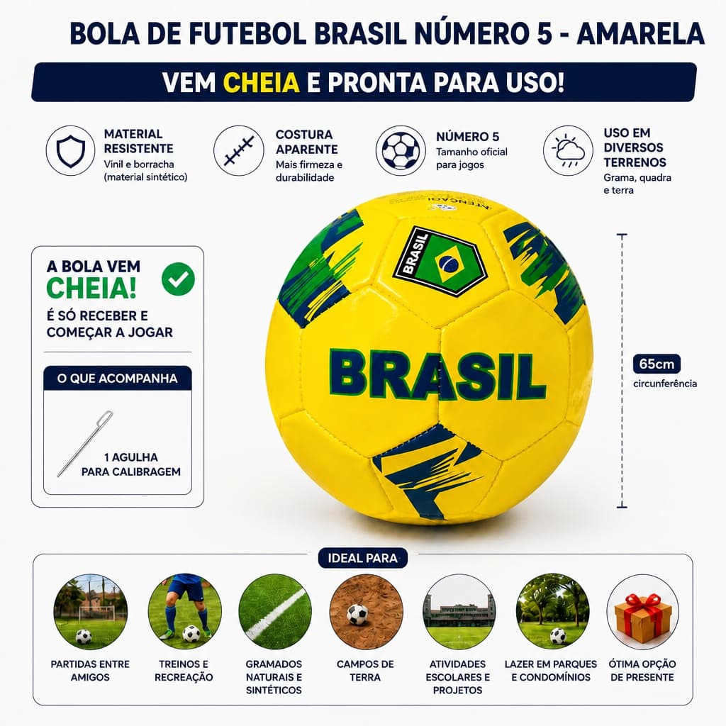 Bola Futebol Brasil Número 5 Amarela Vinil Costurada Resistente Alta Qualidade Profissional