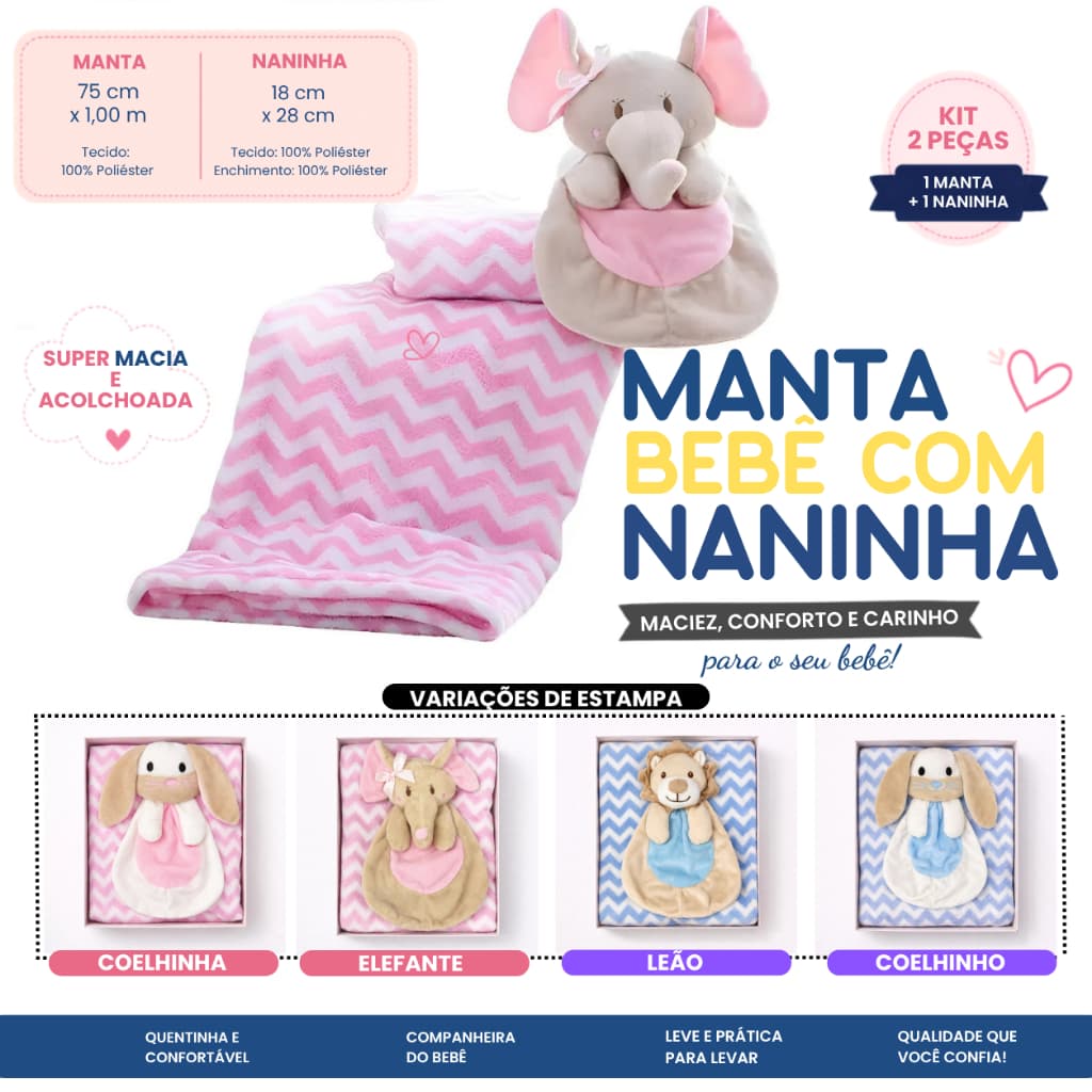 Kit Manta Bebê com Naninha Baby Bichinhos Cobertor Infantil Antialérgico Toque Macio 75x100cm