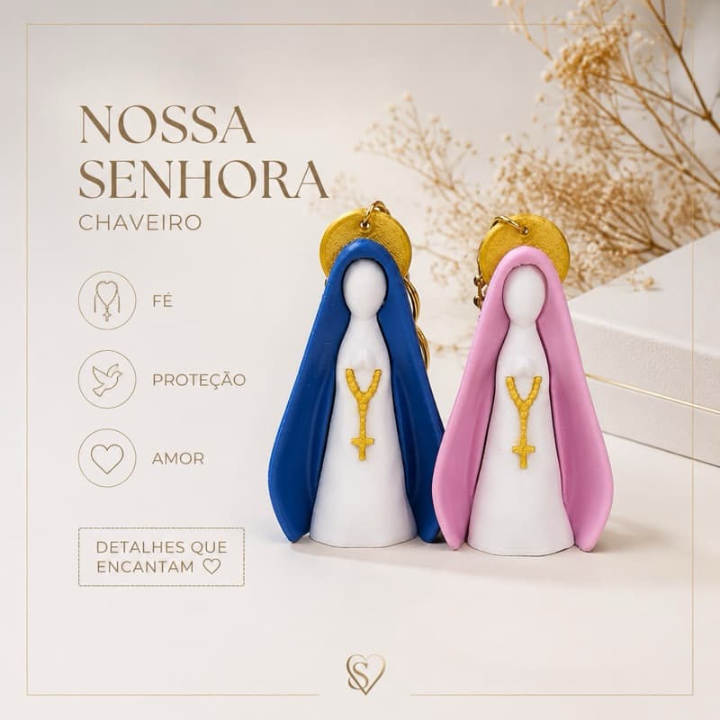 Chaveiro Religioso Nossa Senhora Azul e Rosa com Corrente Dourada – Lembrancinha de Batizado, Crisma, Encontro Religioso