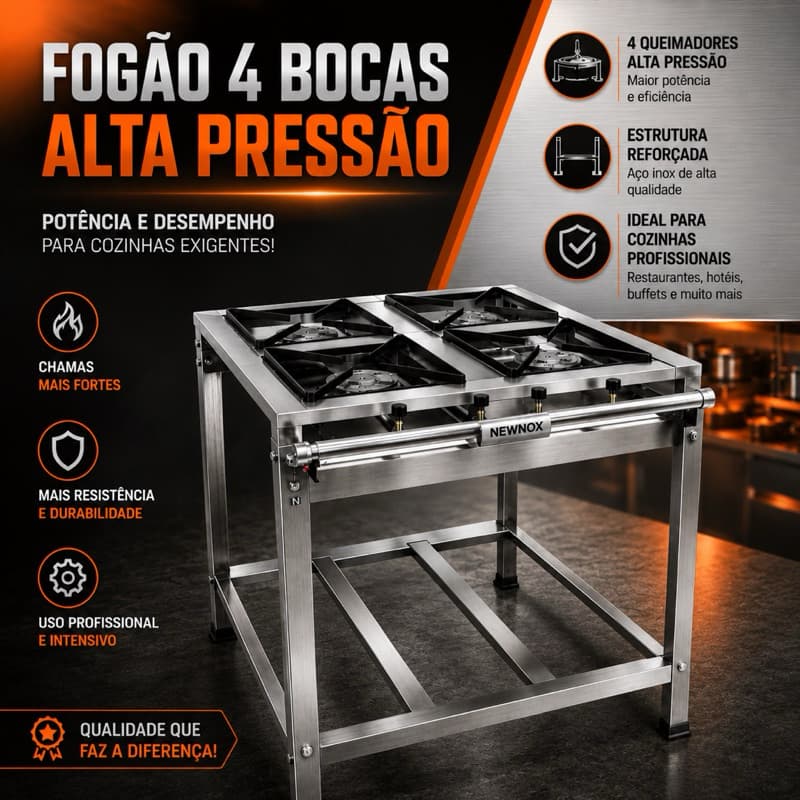 Fogão 4 Bocas Alta Pressão Total Inox Industrial Grelha 30x30 Perfil 5 Para Restaurantes e Comércio