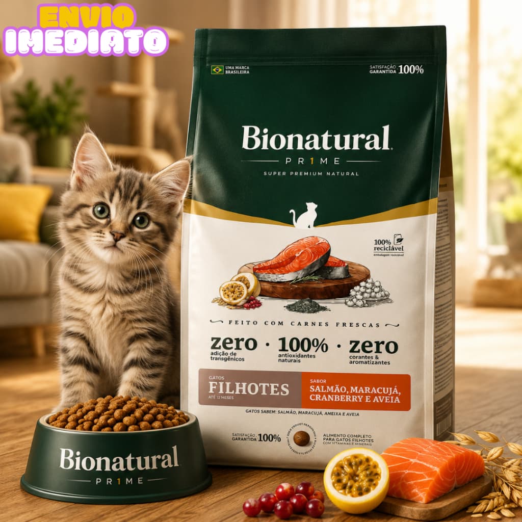 Ração para gatos filhotes Bionatural Gatos Filhotes Sabor salmão e maracuja 7,5kg - Envio Imediato