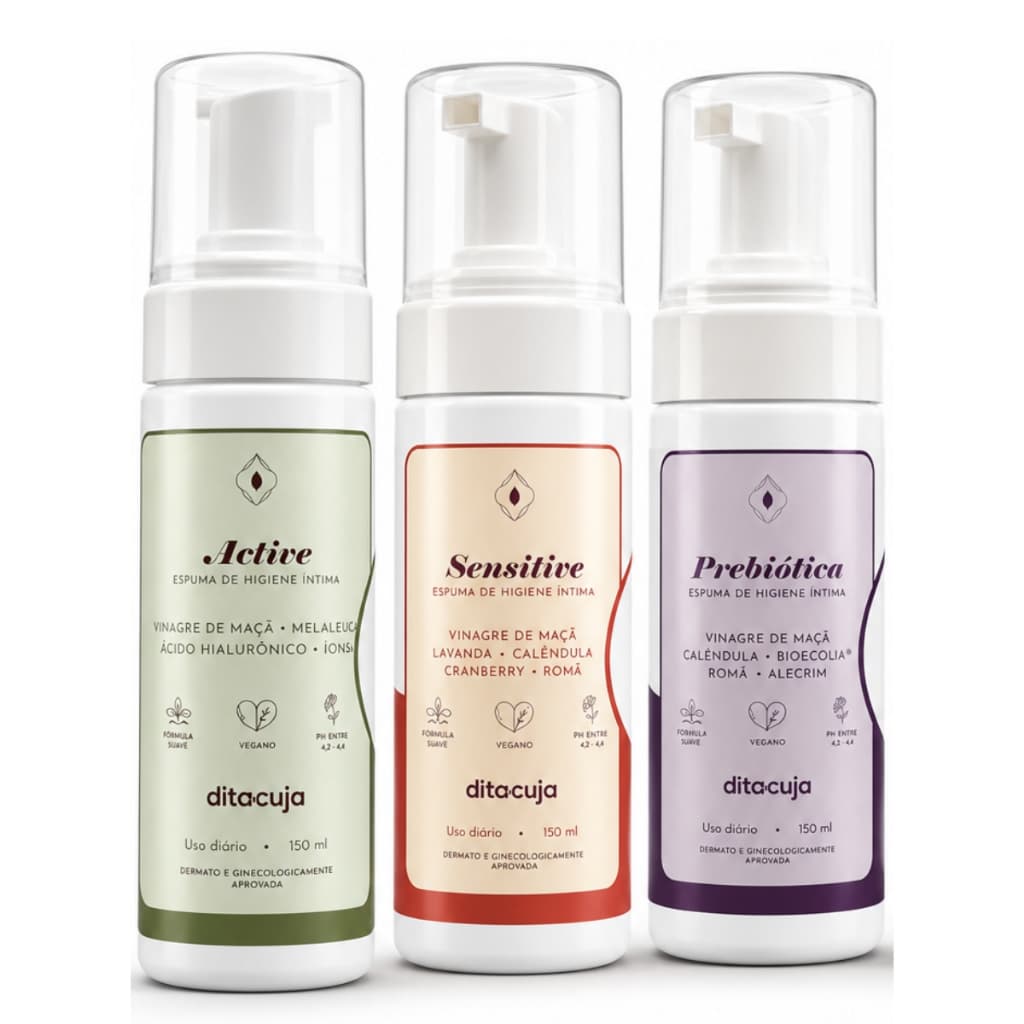 Kit Linha Completa Espumas Higiene Íntima Feminina Dita Cuja | Prebiótica, Active, Sensitive