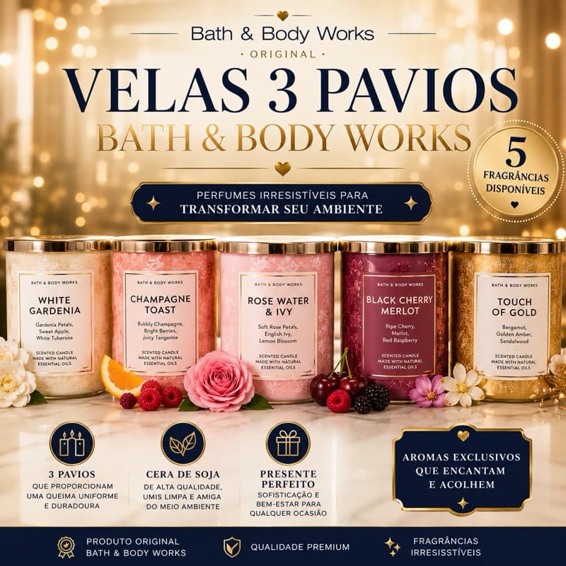 Vela Aromática Perfumada Bath & Body Works 3 Pavios Original Vela Perfumada e Porta Velas Suporte Decorativa Importadas