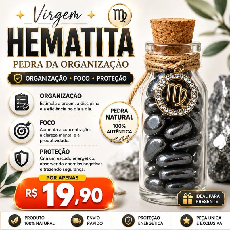 Amuleto Signo Virgem com Hematita Cristal Natural Pedra da Organização Foco Proteção Presente