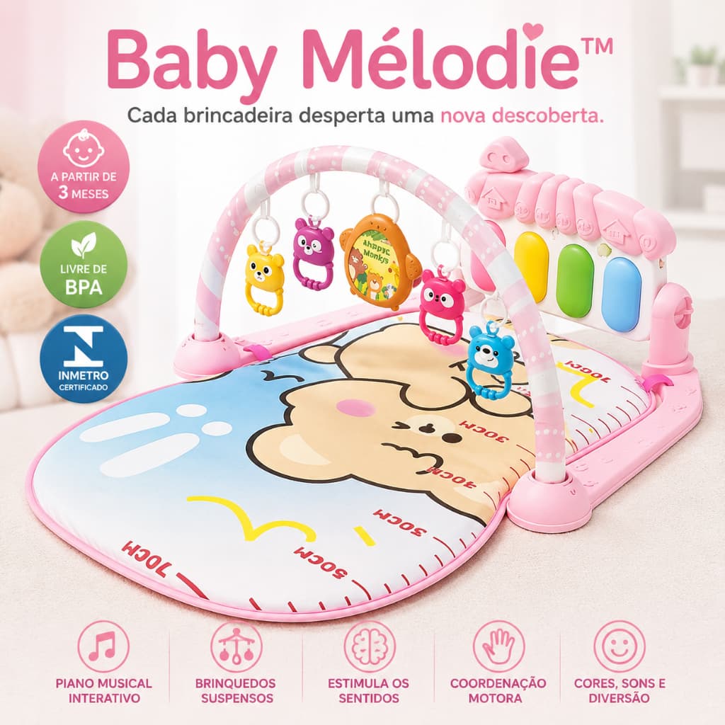 Tapete de Atividades para Bebê com Piano Musical Interativo Rosa | Centro de Atividades Sensorial | Brinquedos Suspensos