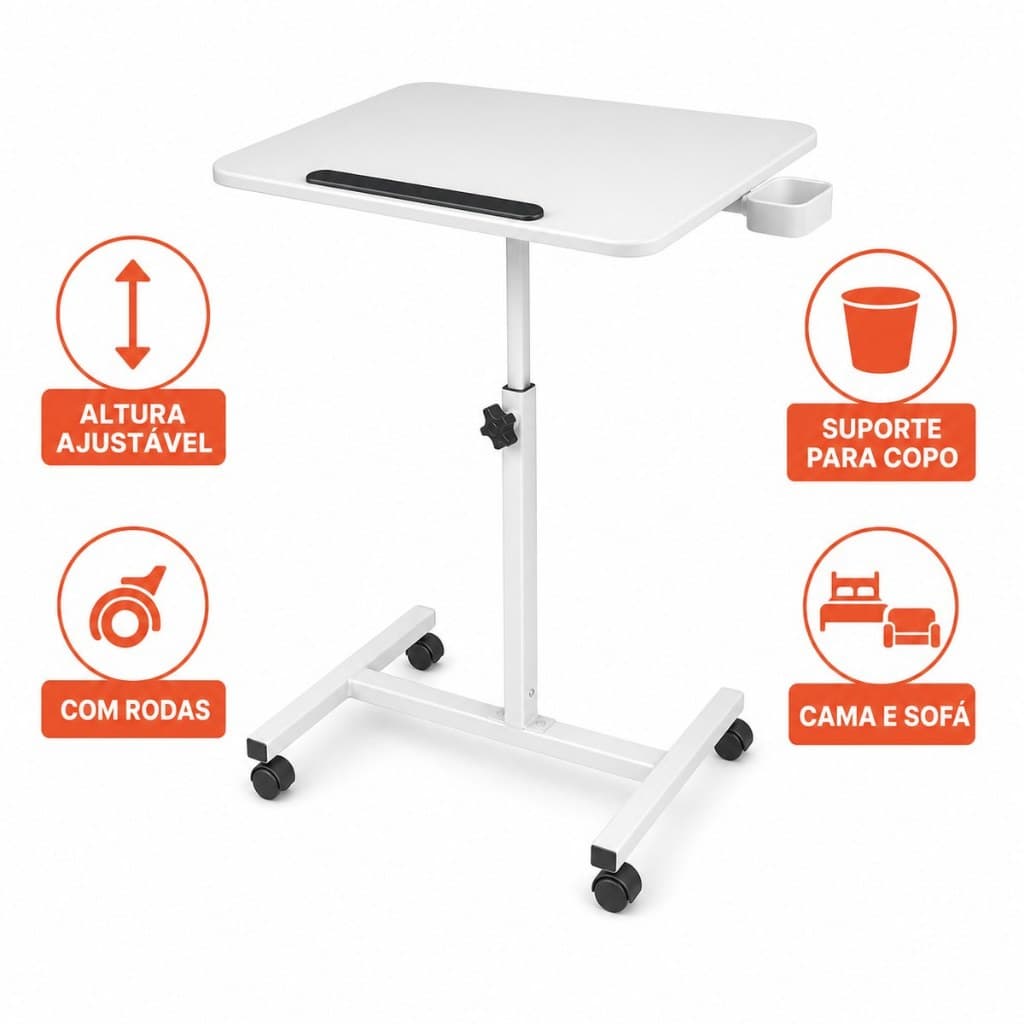 Mesa Ajustável para Notebook com Rodas Altura Regulável Cama Sofá Suporte para Copo