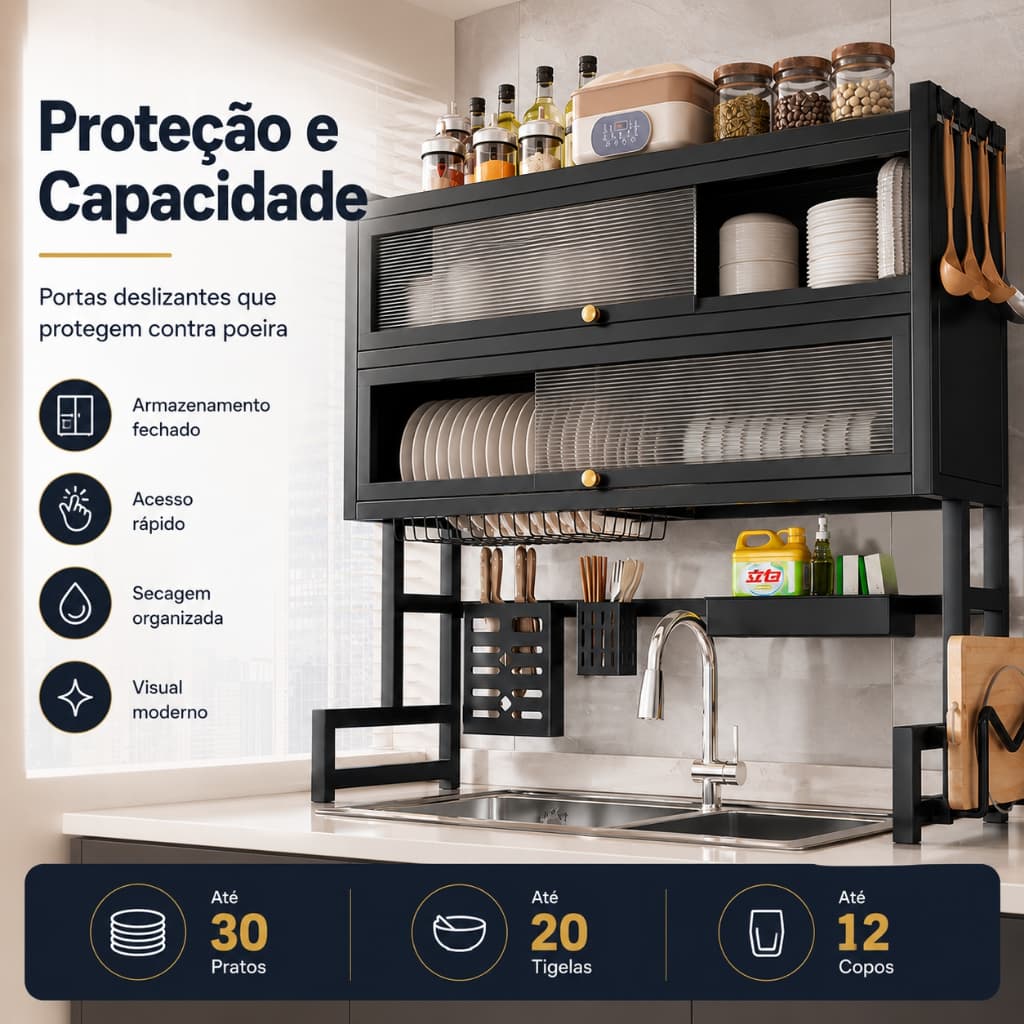 Escorredor de pratos com porta de acrílico para cozinha e organizador com prateleiras