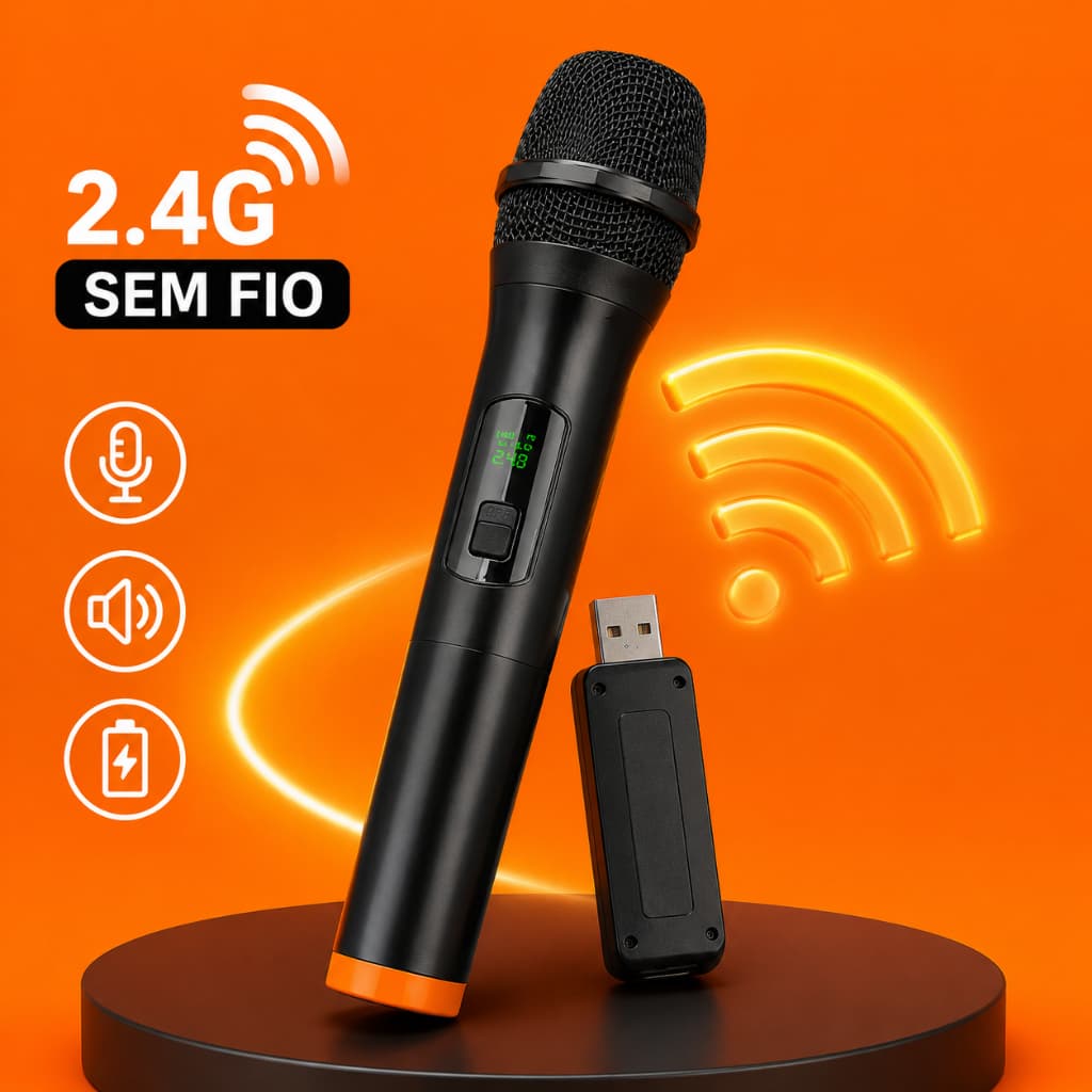 Microfone Dinâmico UHF para Karaokê com Receptor USB Alimentado a Pilha Profissional