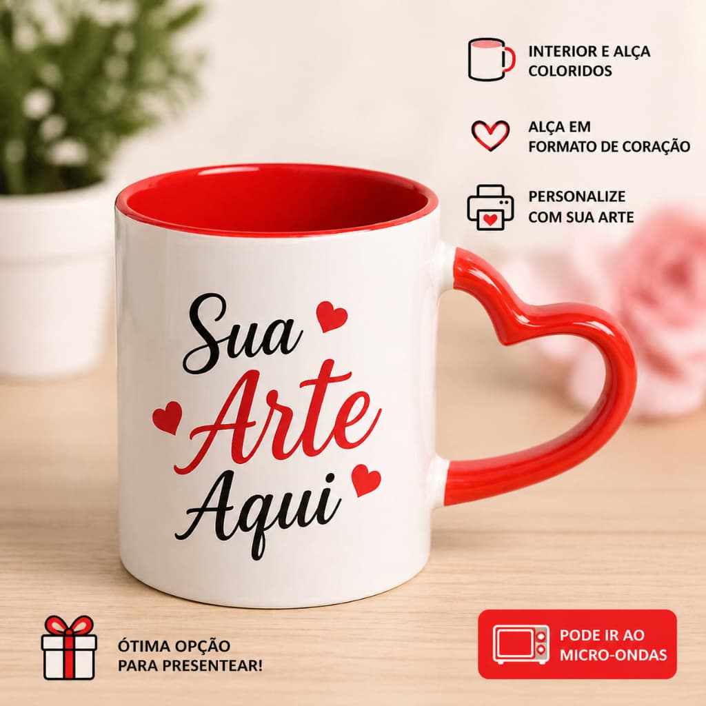 Caneca de Porcelana 325ml Personalizada Sua Arte Aqui com Alça de Coração Dia das Mães Dia dos Namorados Comemorações