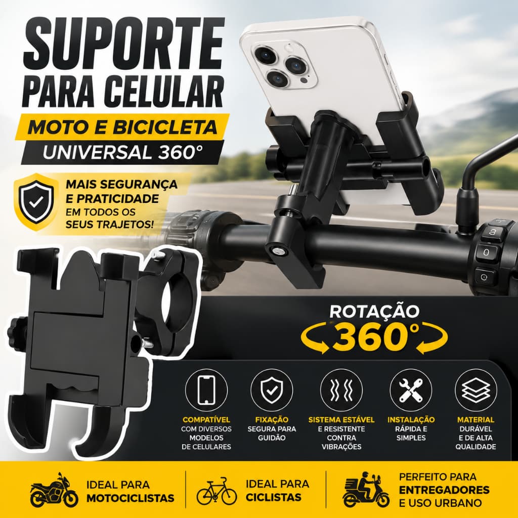 Suporte para Celular Moto Bicicleta Universal 360º Rotação Completa Fixação Segura para Guidão