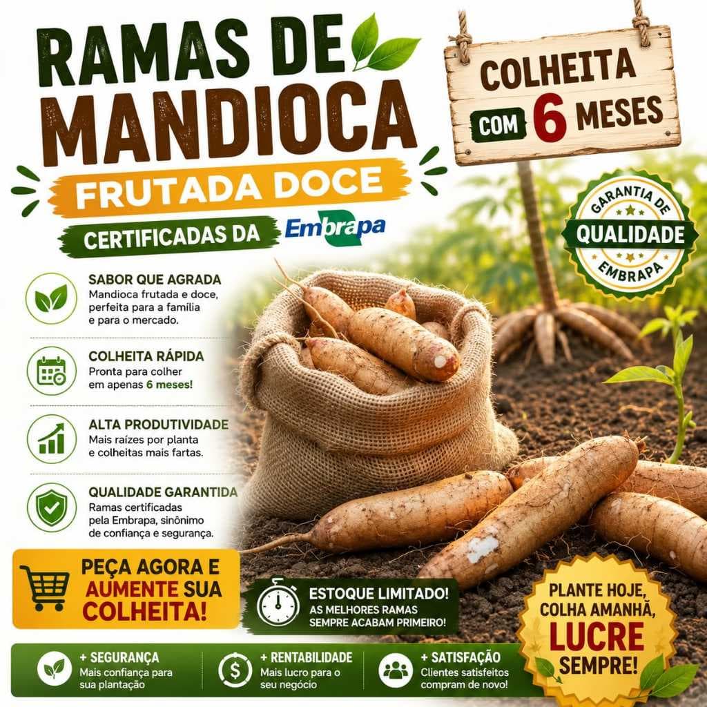 5 Ramas De Mandioca Frutada Doce In-natura mandioca doce Raridade