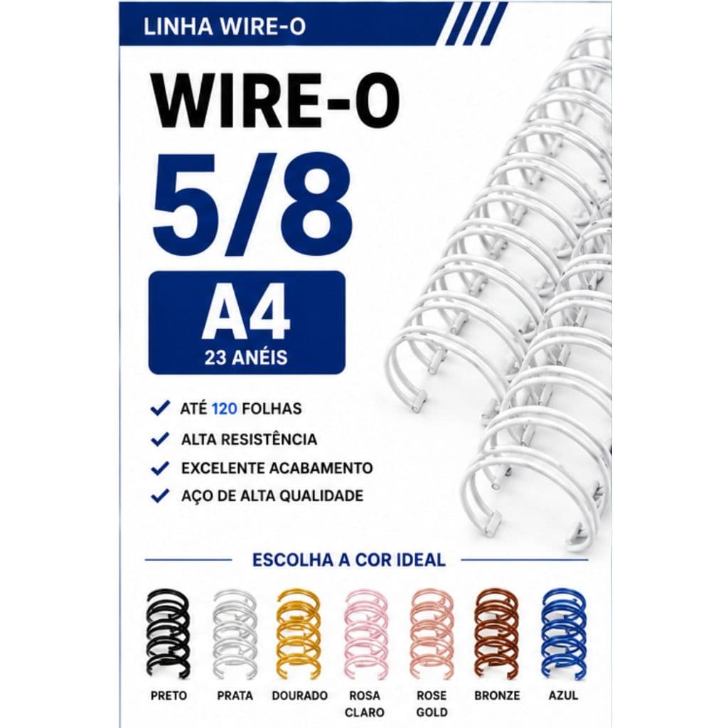 WIRE-O PARA ENCADERNAÇÃO 2X1 A4 5/8" 120 FLS BRANCO,PRETO,PRATA,ROSE GOLD,DOURADO,ROSA CLARO,BRONZE