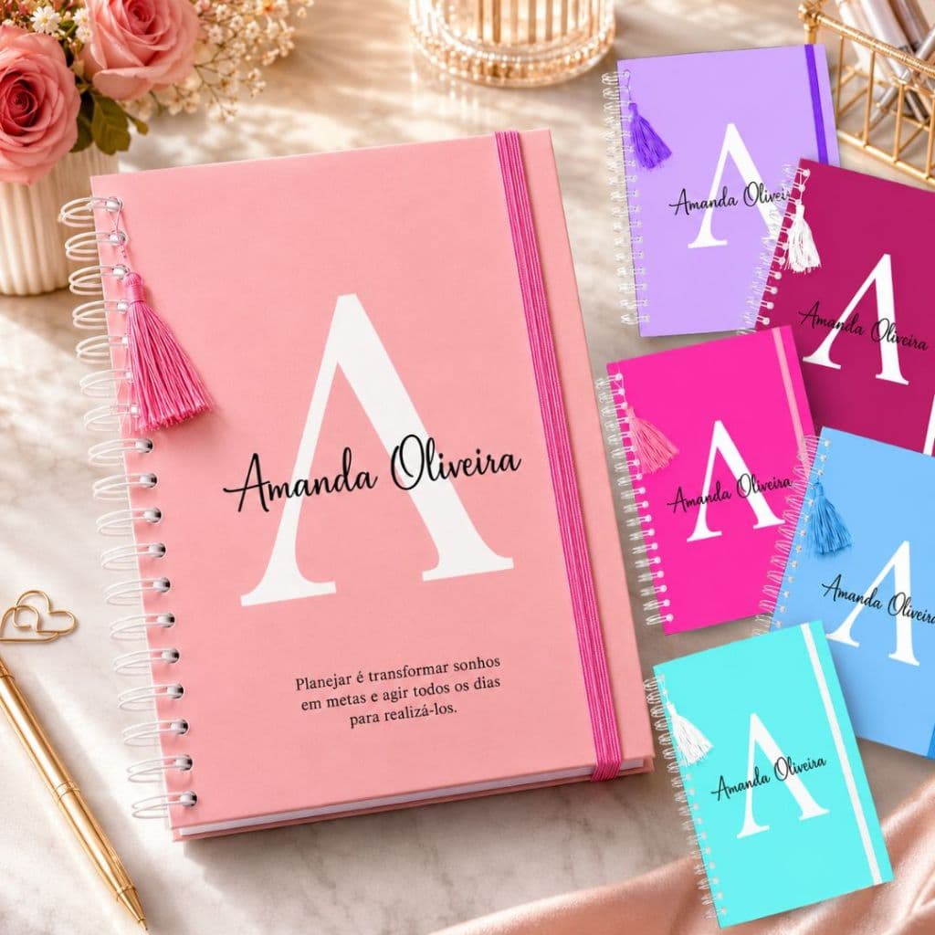 Caderno Agenda Personalizado Colegial Inicial e Nome LETRA CORES Feminino Planner Anotações