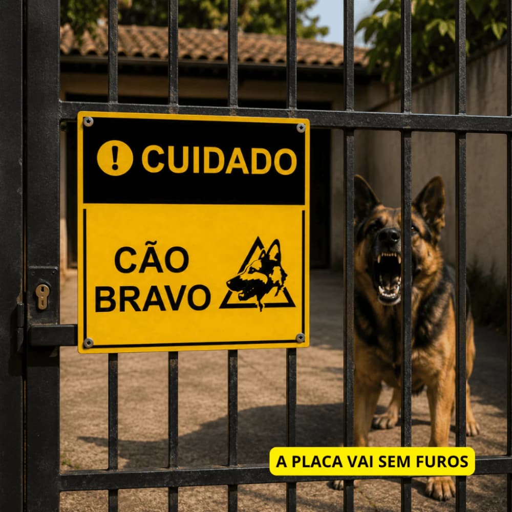Placa Sinalização Aviso Cuidado Cão Bravo Alumínio 15x15cm