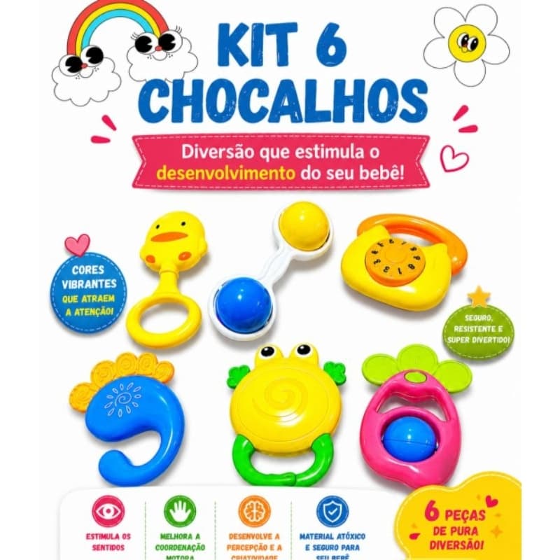 KIT COM 3 ou 6 CHOCALHOS  -BRINQUEDO PARA BEBÊ-MENINO/MENINA