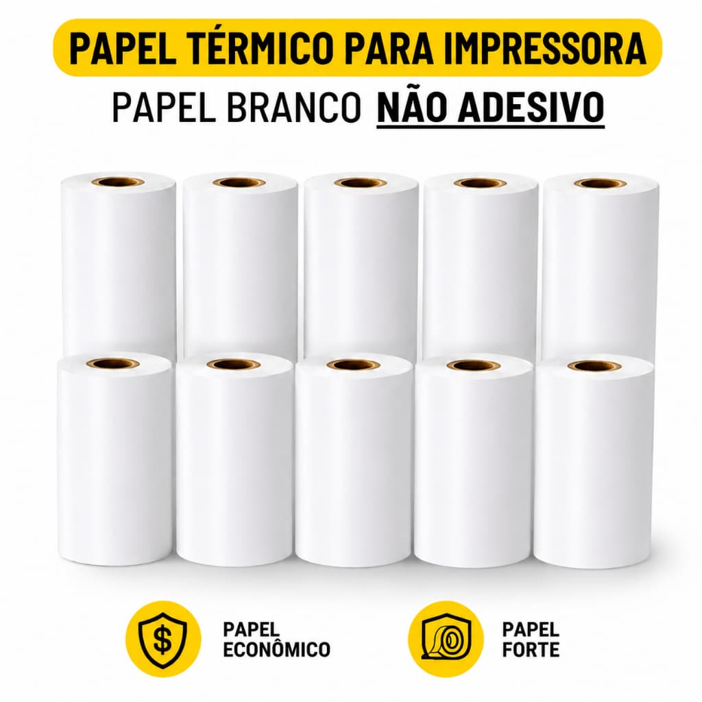 Kit 20 Bobina Térmica Não Adesivo Branco Rolo com 5 Metros Para Mini Impressora Portátil