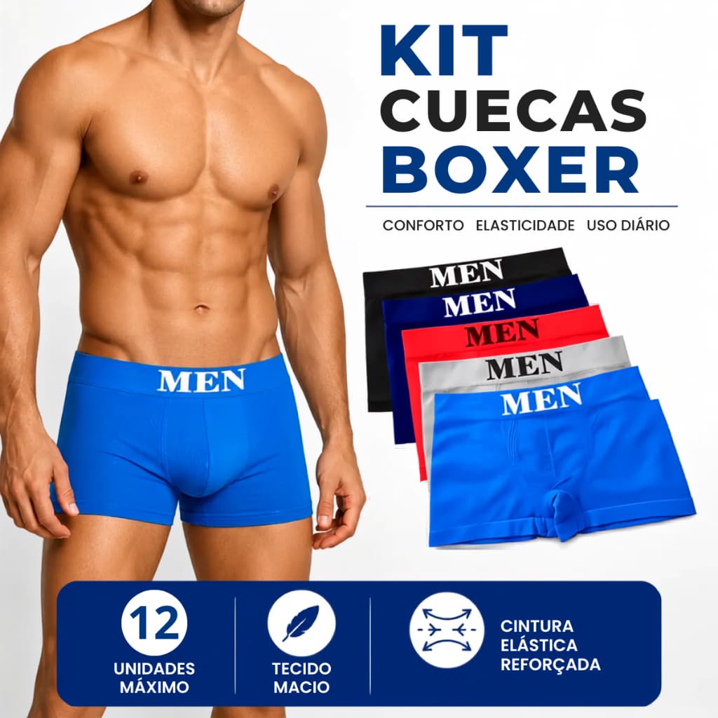 KIT 12 Cuecas Boxer Masculinas Microfibra Premium Sem Costura Confortável